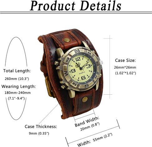 الساعات الجلدية Avaner القديمة ، ساعة الكفة الرجعية الشرير ، الساعات الكوارتز واسعة النطاق للرجال والنساء in Saudi Arabia