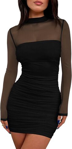Yousify Womens Ruched Mesh Cheer Mini Dress Bodycon Sexy Sexy Dock Deck Sleeve Long Out Out Out Party Club Dresses in Saudi Arabia