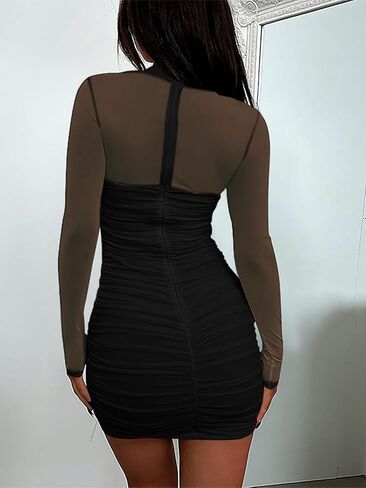 Yousify Womens Ruched Mesh Cheer Mini Dress Bodycon Sexy Sexy Dock Deck Sleeve Long Out Out Out Party Club Dresses in Saudi Arabia