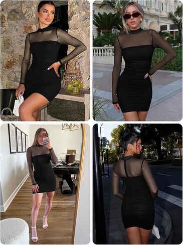 Yousify Womens Ruched Mesh Cheer Mini Dress Bodycon Sexy Sexy Dock Deck Sleeve Long Out Out Out Party Club Dresses in Saudi Arabia