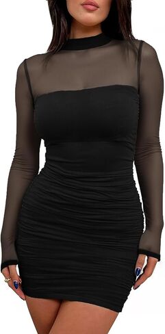 Yousify Womens Ruched Mesh Cheer Mini Dress Bodycon Sexy Sexy Dock Deck Sleeve Long Out Out Out Party Club Dresses in Saudi Arabia