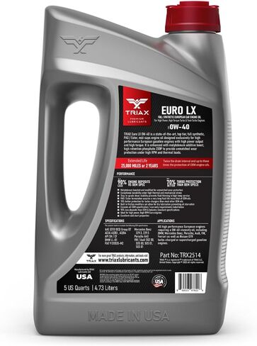 Triax Euro LX 0W-40 Cull Canthetic ، 20k Miles ، Grade Performance OEM متطرف ، متوافق مع A3/B4 ، VW502.00 ، BMW LL-01 ، 229.5 ، بورش A30 (5 كوارت) in Saudi Arabia
