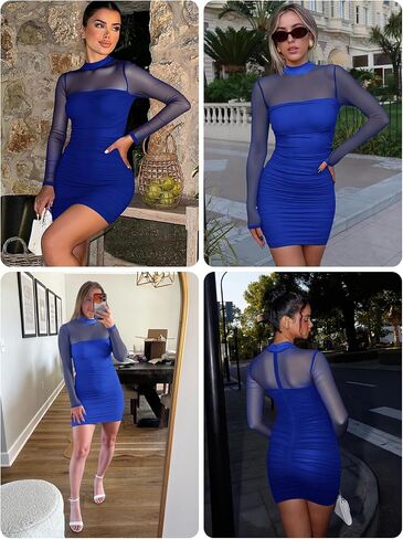Yousify Womens Ruched Mesh Sheer Mini Dress Bodycon Sexy Mock Neck Long Sleeve Going Out Party Club Dresses in Saudi Arabia
