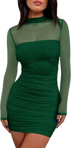 Yousify Womens Ruched Mesh Sheer Mini Dress Bodycon Sexy Mock Neck Long Sleeve Going Out Party Club Dresses in Saudi Arabia