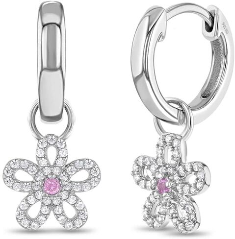 925 Sterling Silver Pink & Clear Zirconia Zirconia encrusted Flower Dangle أقراط للفتيات الصغيرات 12 ملم - أقراط الأزهار الرسمية للفتيات - أطعمة متدلية للبنات الصغيرة in Saudi Arabia