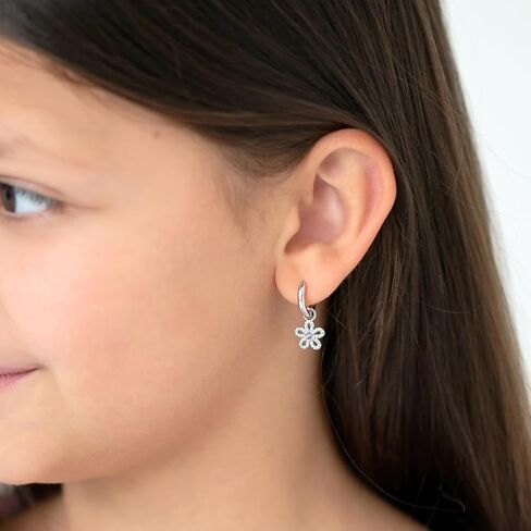 925 Sterling Silver Pink & Clear Zirconia Zirconia encrusted Flower Dangle أقراط للفتيات الصغيرات 12 ملم - أقراط الأزهار الرسمية للفتيات - أطعمة متدلية للبنات الصغيرة in Saudi Arabia