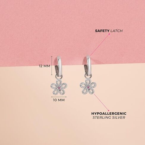 925 Sterling Silver Pink & Clear Zirconia Zirconia encrusted Flower Dangle أقراط للفتيات الصغيرات 12 ملم - أقراط الأزهار الرسمية للفتيات - أطعمة متدلية للبنات الصغيرة in Saudi Arabia