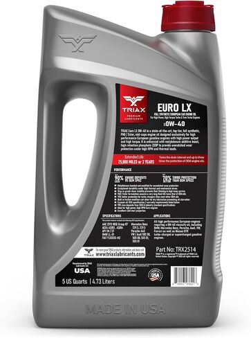 Triax Euro LX 0W-40 Cull Canthetic ، 20k Miles ، Grade Performance OEM متطرف ، متوافق مع A3/B4 ، VW502.00 ، BMW LL-01 ، 229.5 ، بورش A30 (5 كوارت) in Saudi Arabia