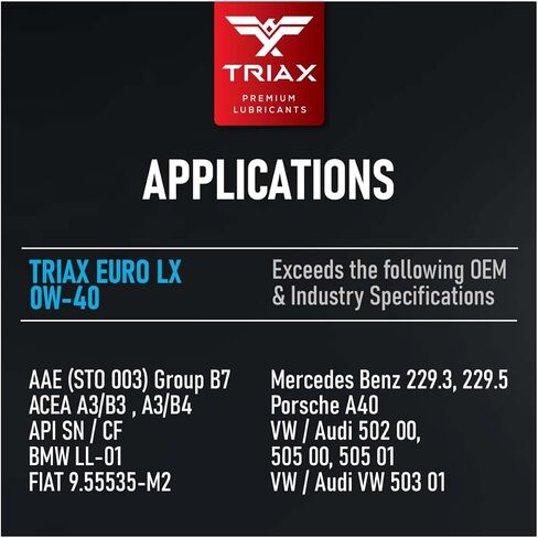 Triax Euro LX 0W-40 Cull Canthetic ، 20k Miles ، Grade Performance OEM متطرف ، متوافق مع A3/B4 ، VW502.00 ، BMW LL-01 ، 229.5 ، بورش A30 (5 كوارت) in Saudi Arabia