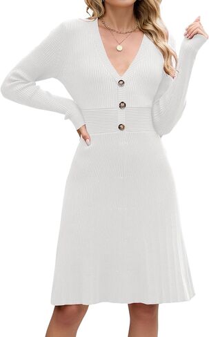 ZAFUL Women's Long Sleeve Sweater Dresses Fall V-Neck Button Ribbed Knitted A-Line Swing Midi Dress 2025 Trendy in Saudi Arabia