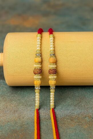Traditional Rudraksha Rakhi for Men – Set of 2 with Artificial Pearls and Beads – Spiritual Rakhi Threads in Saudi Arabia