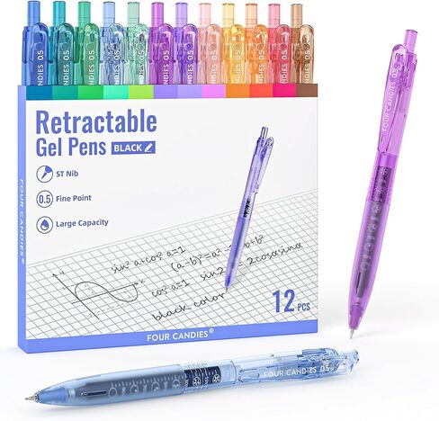 Four Candies 12Pack 0.5mm Quick Dry Retractable Gel Pen Set, Cute Transparent Fine Point Multicolor Note Taking Aesthetic lnk Pens, Comfort Grip 12 Ink Colors Drawing Writing School Office Home in Kuwait