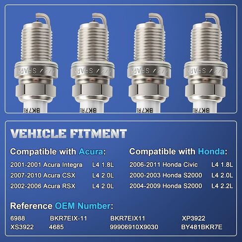PLUTS IRIDIUM Spark Plugs 4 Pack 6988 BKR7EIX-11 متوافق مع Honda Civic L4 1.8 2006 2007 2008 2009 2010 2011 ، S2000 2000-2009 ، Acura RSX 2002-2006 ، CSX 2007-2010 استبدال XP3922 ، 99906910X9030 in Saudi Arabia