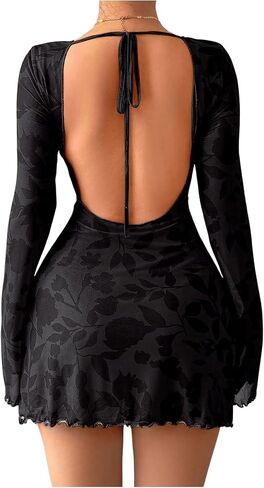 MakeMeChic Women's Floral Print Long Sleeve Mini Dress Mesh Backless Y2k Going Out Dresses in Saudi Arabia