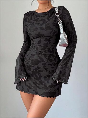 MakeMeChic Women's Floral Print Long Sleeve Mini Dress Mesh Backless Y2k Going Out Dresses in Saudi Arabia