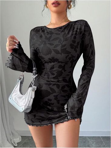MakeMeChic Women's Floral Print Long Sleeve Mini Dress Mesh Backless Y2k Going Out Dresses in Saudi Arabia