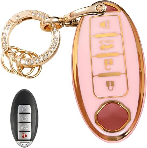 Keyless Entry Systems Key for Nissan Key Fob Cover Shell with Keychain Fit for Nissan Altima Maxima Rogue Armada Pathfinder Smart Key (4Buttons Gold-Pink) in Saudi Arabia