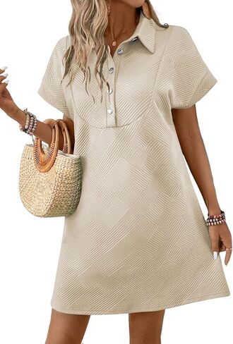 Acelitt Womens Summer Batwing Short Sleeve Dresses Casual Textured Half-Placket Lapel Collared Mini Dress in Saudi Arabia