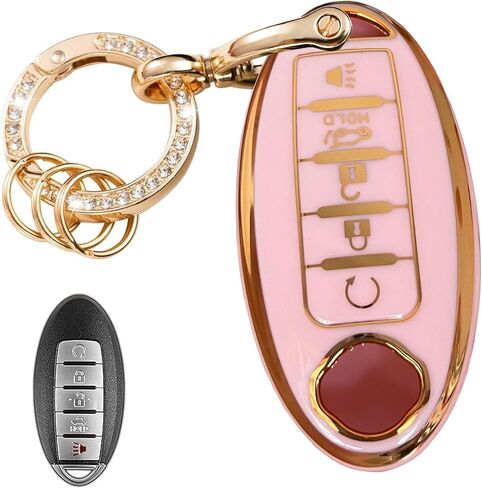 Keyless Entry Systems Key for Nissan Key Fob Cover Shell with Keychain Fit for Nissan Altima Maxima Rogue Armada Pathfinder Smart Key (4Buttons Gold-Pink) in Saudi Arabia