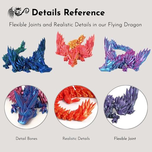 GemmiCho 3D Printed Dragon with Wings, 11" 3D Printed Dragon Toys for Kids, 3D Dragon for Stress Relief, 3D Printed Animals Figurines Fidget Dragon Toys for Boys Kids Teen 5-7 4-6 8-12 in Kuwait