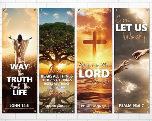 لافتات الكنيسة 4pcs لجدار الحرم ترحيب لافتات دينية ملهمة معلقة خلفية لافتة كنيسة الزهور مع مكتبات الكتاب المقدس لافتة رائعة لعطلة ديكور مدرسة العطلات in Kuwait