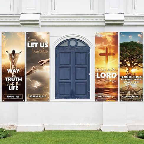 لافتات الكنيسة 4pcs لجدار الحرم ترحيب لافتات دينية ملهمة معلقة خلفية لافتة كنيسة الزهور مع مكتبات الكتاب المقدس لافتة رائعة لعطلة ديكور مدرسة العطلات in Kuwait