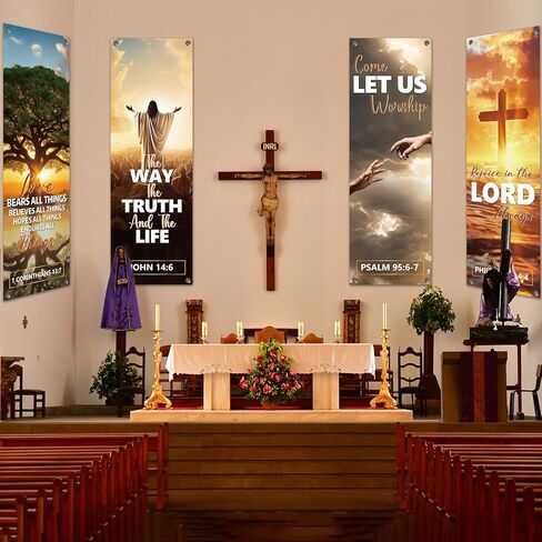 لافتات الكنيسة 4pcs لجدار الحرم ترحيب لافتات دينية ملهمة معلقة خلفية لافتة كنيسة الزهور مع مكتبات الكتاب المقدس لافتة رائعة لعطلة ديكور مدرسة العطلات in Kuwait