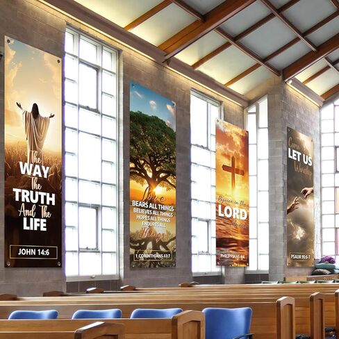 لافتات الكنيسة 4pcs لجدار الحرم ترحيب لافتات دينية ملهمة معلقة خلفية لافتة كنيسة الزهور مع مكتبات الكتاب المقدس لافتة رائعة لعطلة ديكور مدرسة العطلات in Kuwait