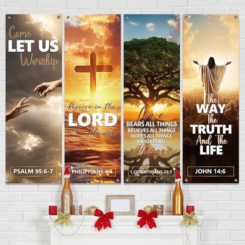 لافتات الكنيسة 4pcs لجدار الحرم ترحيب لافتات دينية ملهمة معلقة خلفية لافتة كنيسة الزهور مع مكتبات الكتاب المقدس لافتة رائعة لعطلة ديكور مدرسة العطلات in Kuwait