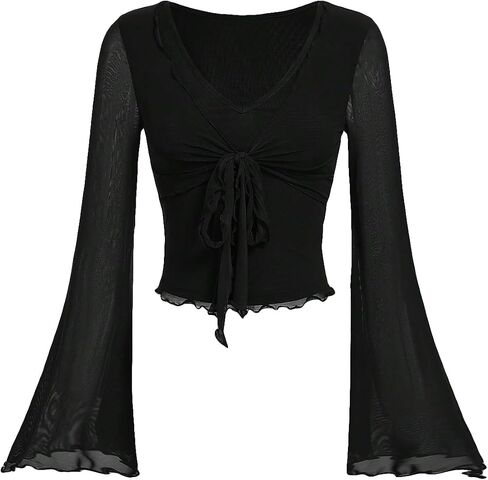 Verdusa Women's Knot Front Flare Bell Long Sleeve Lettuce Trim V Neck Mesh Crop Tee Top in Saudi Arabia