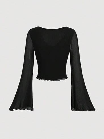 Verdusa Women's Knot Front Flare Bell Long Sleeve Lettuce Trim V Neck Mesh Crop Tee Top in Saudi Arabia