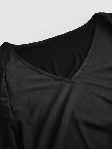 Verdusa Women's Knot Front Flare Bell Long Sleeve Lettuce Trim V Neck Mesh Crop Tee Top in Saudi Arabia