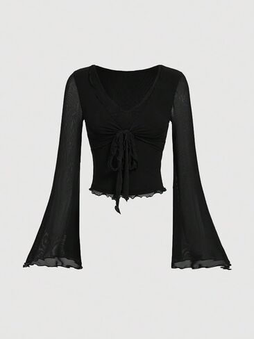 Verdusa Women's Knot Front Flare Bell Long Sleeve Lettuce Trim V Neck Mesh Crop Tee Top in Saudi Arabia