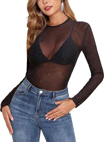 YYA Mesh Top for Women Long Sleeve Round Neck Mesh Shirt Sheer Top Solid Floral Tee Shirts S-XXL in Kuwait