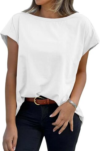 Tankaneo Womens Cap Sleeve Tops Boat Neck T-Shirts Summer Casual Loose Fit Basic Tees in Kuwait