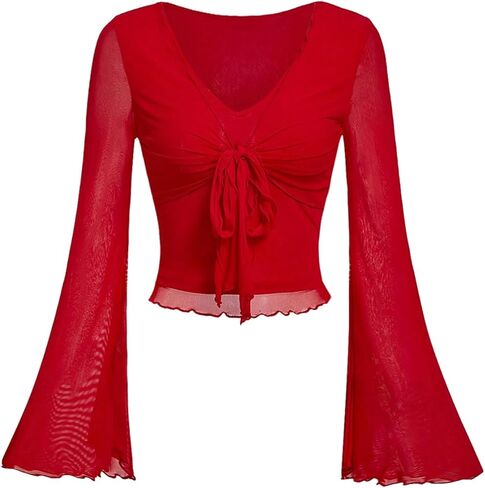 Verdusa Women's Knot Front Flare Bell Long Sleeve Lettuce Trim V Neck Mesh Crop Tee Top in Saudi Arabia