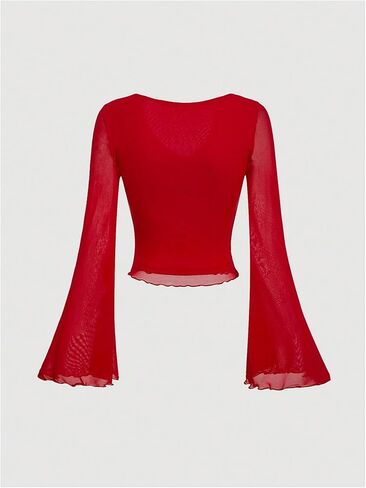 Verdusa Women's Knot Front Flare Bell Long Sleeve Lettuce Trim V Neck Mesh Crop Tee Top in Saudi Arabia