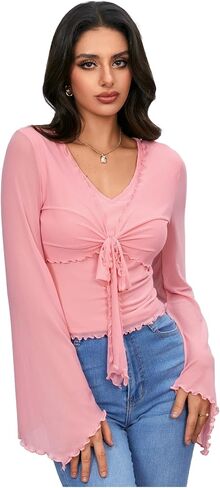 Verdusa Women's Knot Front Flare Bell Long Sleeve Lettuce Trim V Neck Mesh Crop Tee Top in Saudi Arabia