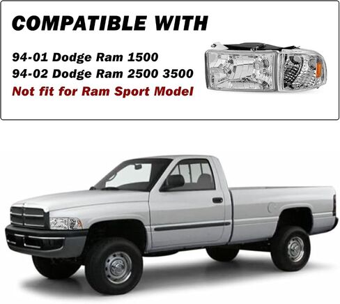 Halogen Headlight Assembly Compatible with 94-01 Dodge Ram 1500 and 94-02 Dodge Ram 2500/3500 Pickup Replacement 4 PCS Headlamp w/Corner Lights Passenger and Driver Side in Kuwait
