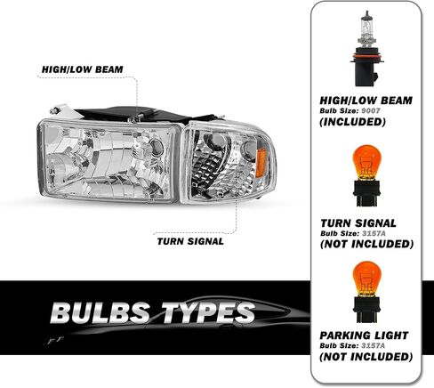 Halogen Headlight Assembly Compatible with 94-01 Dodge Ram 1500 and 94-02 Dodge Ram 2500/3500 Pickup Replacement 4 PCS Headlamp w/Corner Lights Passenger and Driver Side in Kuwait