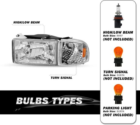 Halogen Headlight Assembly Compatible with 94-01 Dodge Ram 1500 and 94-02 Dodge Ram 2500/3500 Pickup Replacement 4 PCS Headlamp w/Corner Lights Passenger and Driver Side in Kuwait