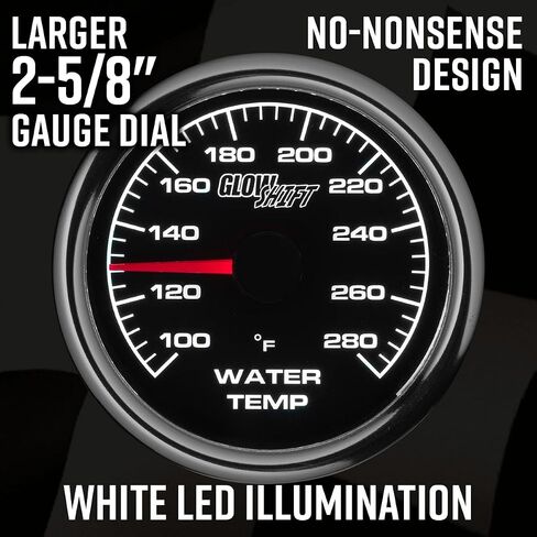 GlowShift 2-5/8 "Racing 280F مجموعة درجة حرارة سائل تبريد المياه ميكانيكية - تشمل مسبار ومحولات أجهزة استشعار درجة الحرارة - الاتصال الأسود - الإضاءة الخلفية LED أبيض - لسيارات السباق - 65 ملم in Saudi Arabia