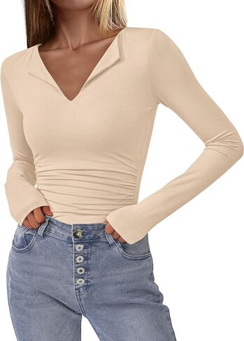 BTFBM Long Sleeve Shirts for Women 2025 Fall Fashion V Neck Knit Ruched Slim Fit Casual Basic Tees Going Out Tops Y2k in Saudi Arabia