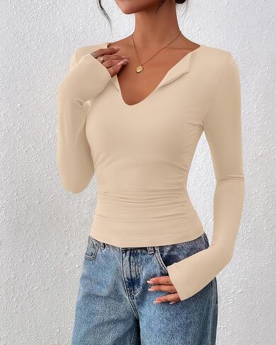 BTFBM Long Sleeve Shirts for Women 2025 Fall Fashion V Neck Knit Ruched Slim Fit Casual Basic Tees Going Out Tops Y2k in Saudi Arabia