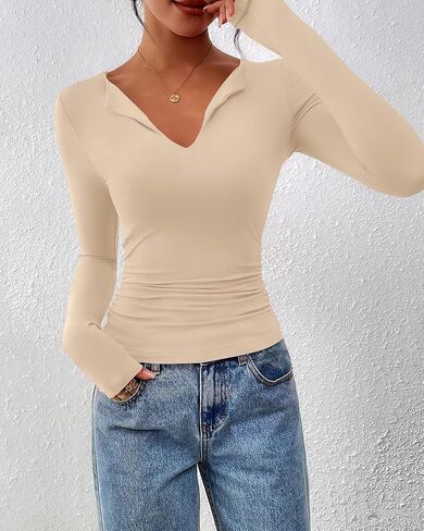 BTFBM Long Sleeve Shirts for Women 2025 Fall Fashion V Neck Knit Ruched Slim Fit Casual Basic Tees Going Out Tops Y2k in Saudi Arabia