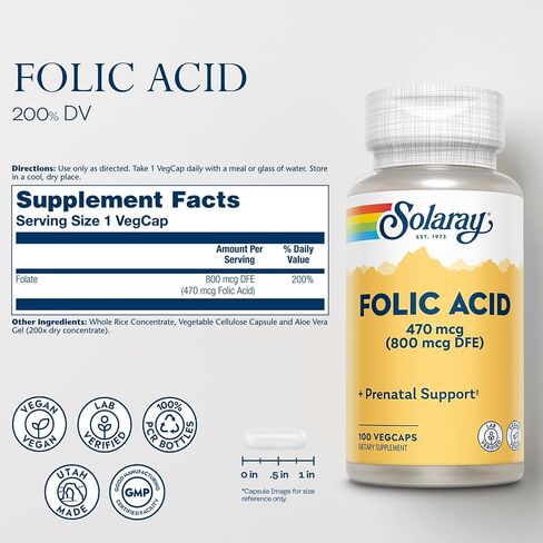 SOLARAY Folic Acid - Vitamin B9 Folic Acid Supplement, Prenatal Vitamin - Blood Cell Development Support - Vegan, Lab Verified, 60-Day Guarantee - 100 Servings, 100 VegCaps in Saudi Arabia