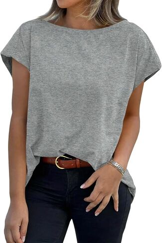 Tankaneo Womens Cap Sleeve Tops Boat Neck T-Shirts Summer Casual Loose Fit Basic Tees in Kuwait