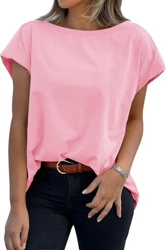 Tankaneo Womens Cap Sleeve Tops Boat Neck T-Shirts Summer Casual Loose Fit Basic Tees in Kuwait