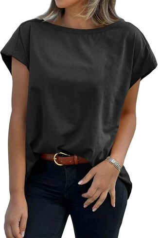 Tankaneo Womens Cap Sleeve Tops Boat Neck Thirts Summer Summer Lourd Fit Basic Tees in Saudi Arabia