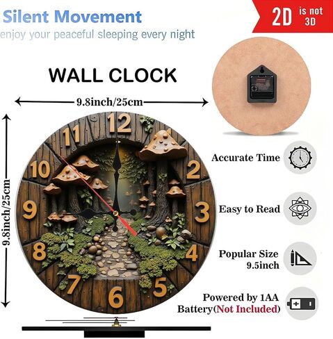 Lancholy Forest Path Mushroom Clock Wall Decor 10-Inch Wooden Wall Clock, Silent Movement, Battery Operated (AA Batteries Not Included), Artistic Home Decor, Perfect for Home Accents in Kuwait